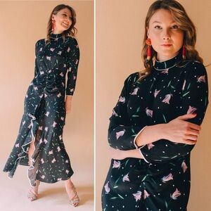 RIXO London Gabriele 100% Silk Dark Tulip Floral Dress Size Small